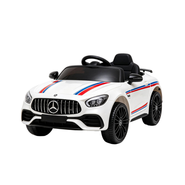 12V White Mercedes-Benz AMG GT Kids Ride-On Car with Racing Stripes & Remote Control